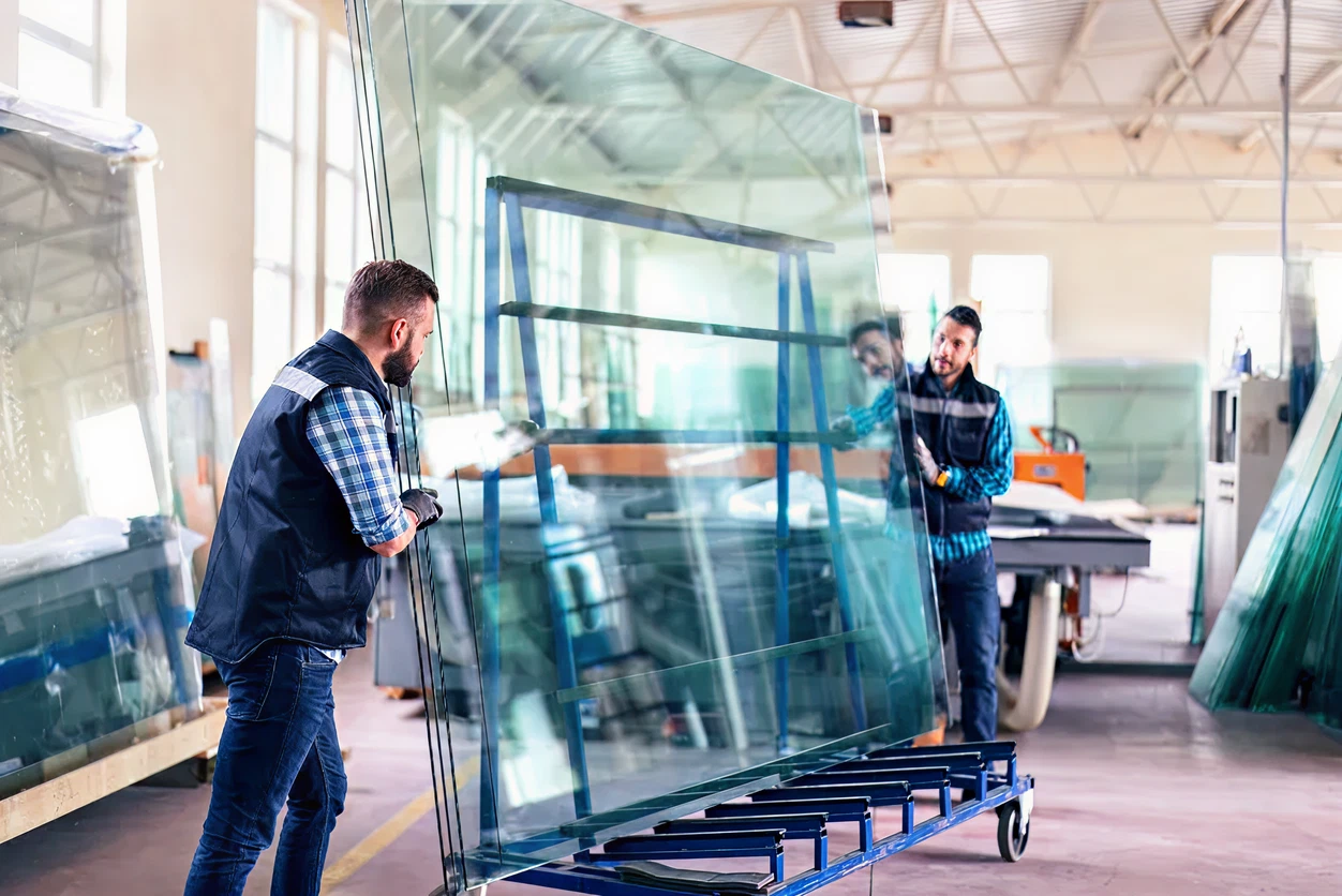Workers handling large glass panels in a warehouse